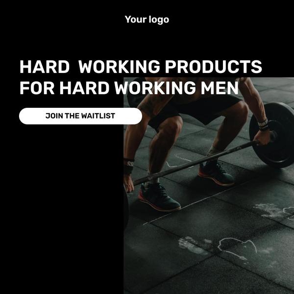A square-format static ad for weightlifting gear using a high-contrast split-screen layout to highlight product identity and user action.